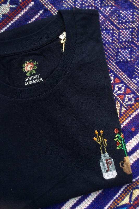 T-shirt brodé marine en coton bio - Céramiques