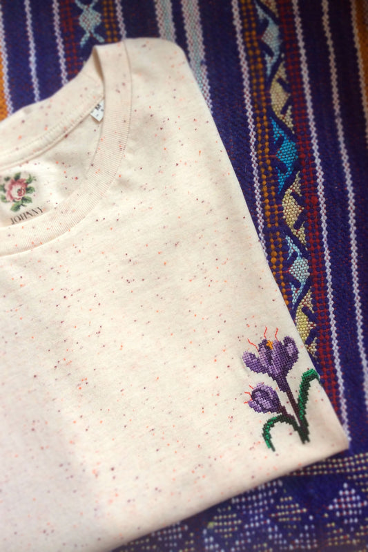 T-shirt brodé écru chiné en coton bio - Crocus