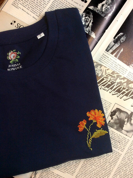 T-shirt marine brodé en coton bio - Oeillet