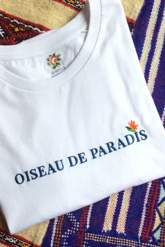 T-shirt brodé blanc en coton bio - Message "oiseau de paradis"