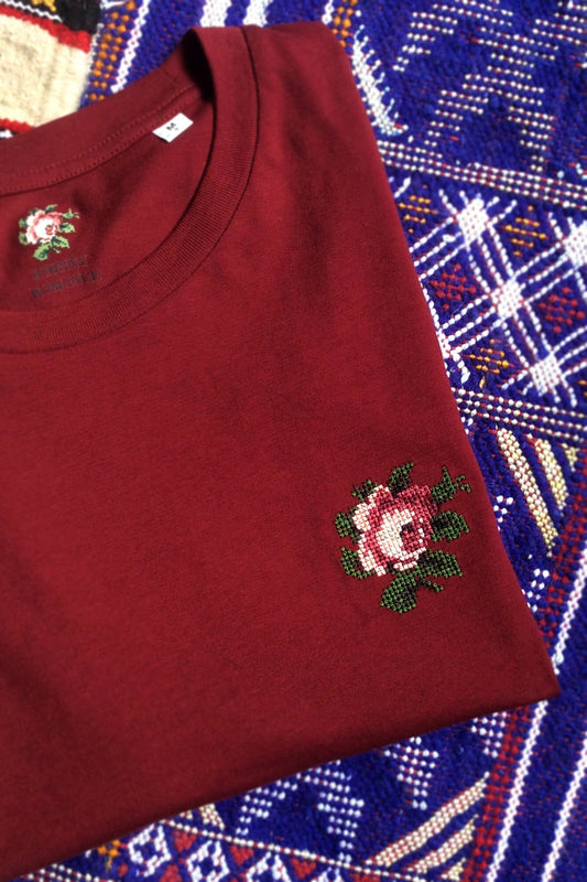 T-shirt brodé bordeaux en coton bio - Rose