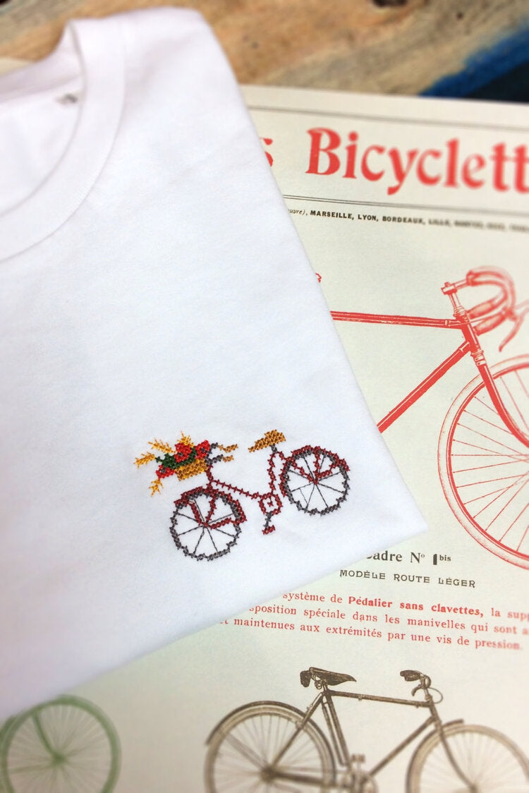 T-shirt brodé blanc en coton bio - Vélo