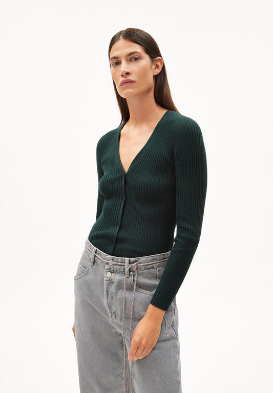 Cardigan fin vert foncé en coton bio - tinnaa dark scarab