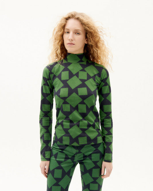 Top bicolore à motifs en coton bio - squares green ellen l/s top