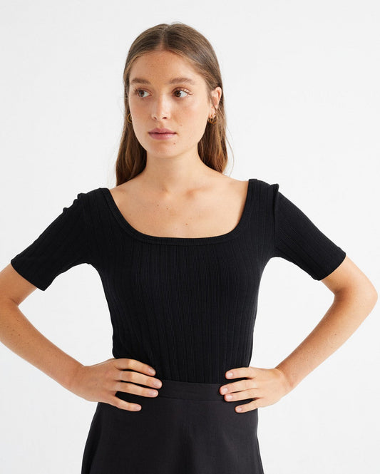 T-shirt côtelé noir en tencel et refibra - BLACK TRASH SUNFLOWER TOP