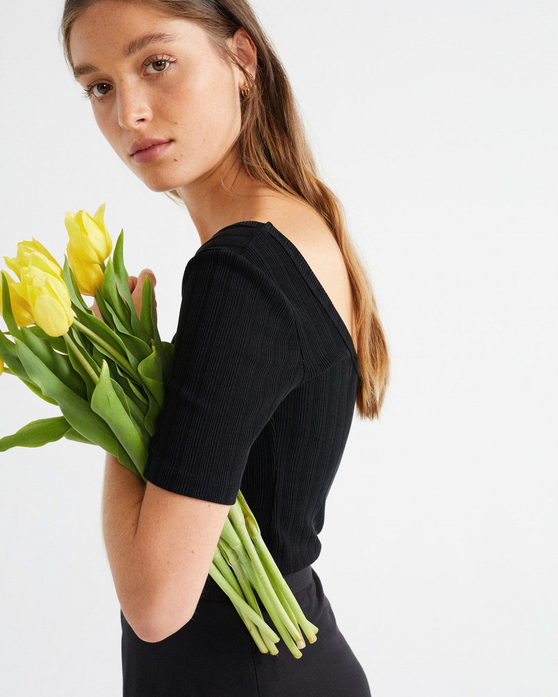 T-shirt côtelé noir en tencel et refibra - BLACK TRASH SUNFLOWER TOP