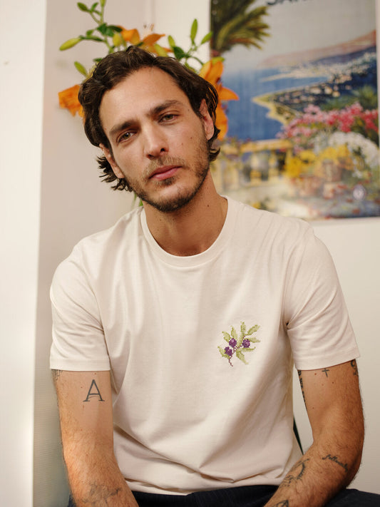 T-shirt brodé blanc cassé en coton bio - Olive