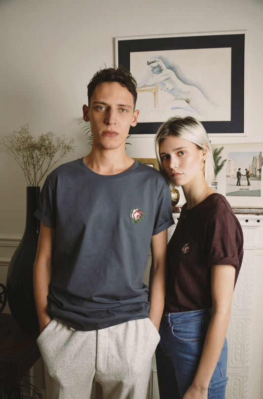 T-shirt brodé prune en coton bio - Rose