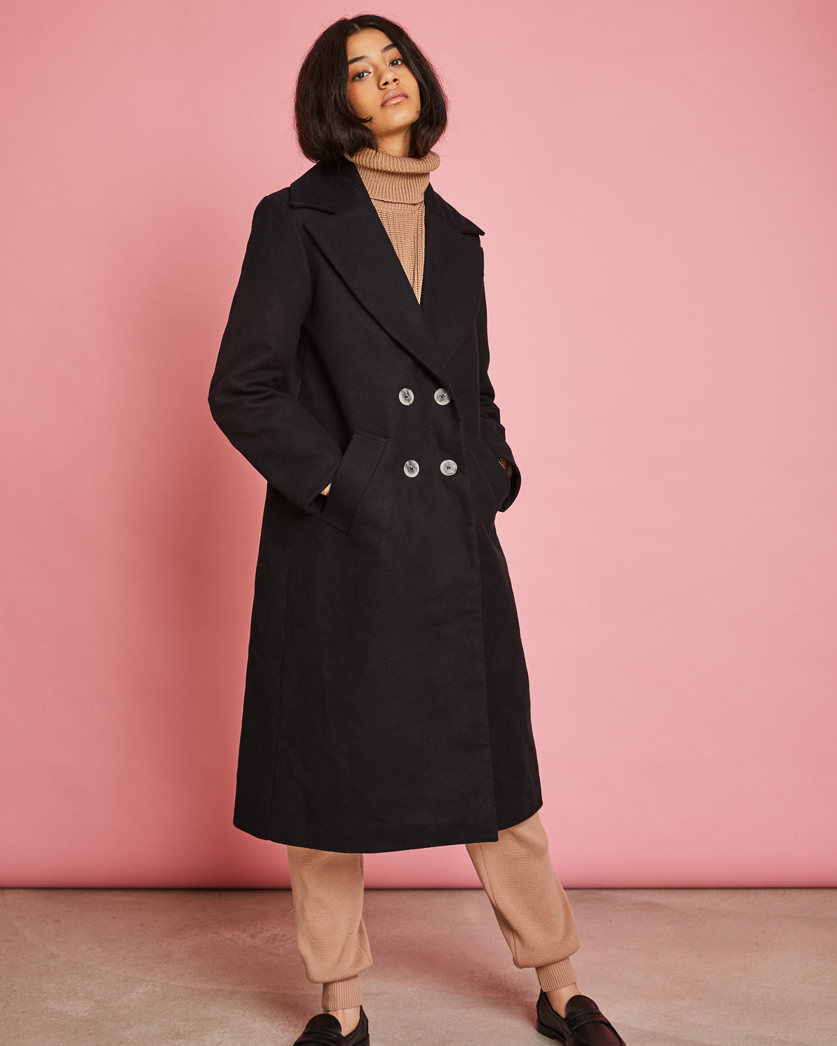 Manteau long noir en coton bio moleskine - Europa black