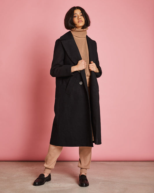 Manteau long noir en coton bio moleskine - Europa black
