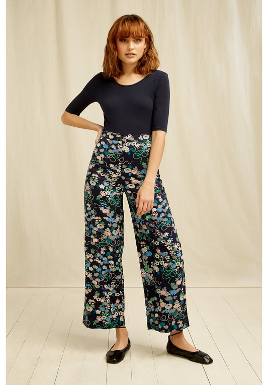 Pantalon ample marine à motifs fleuris en coton bio