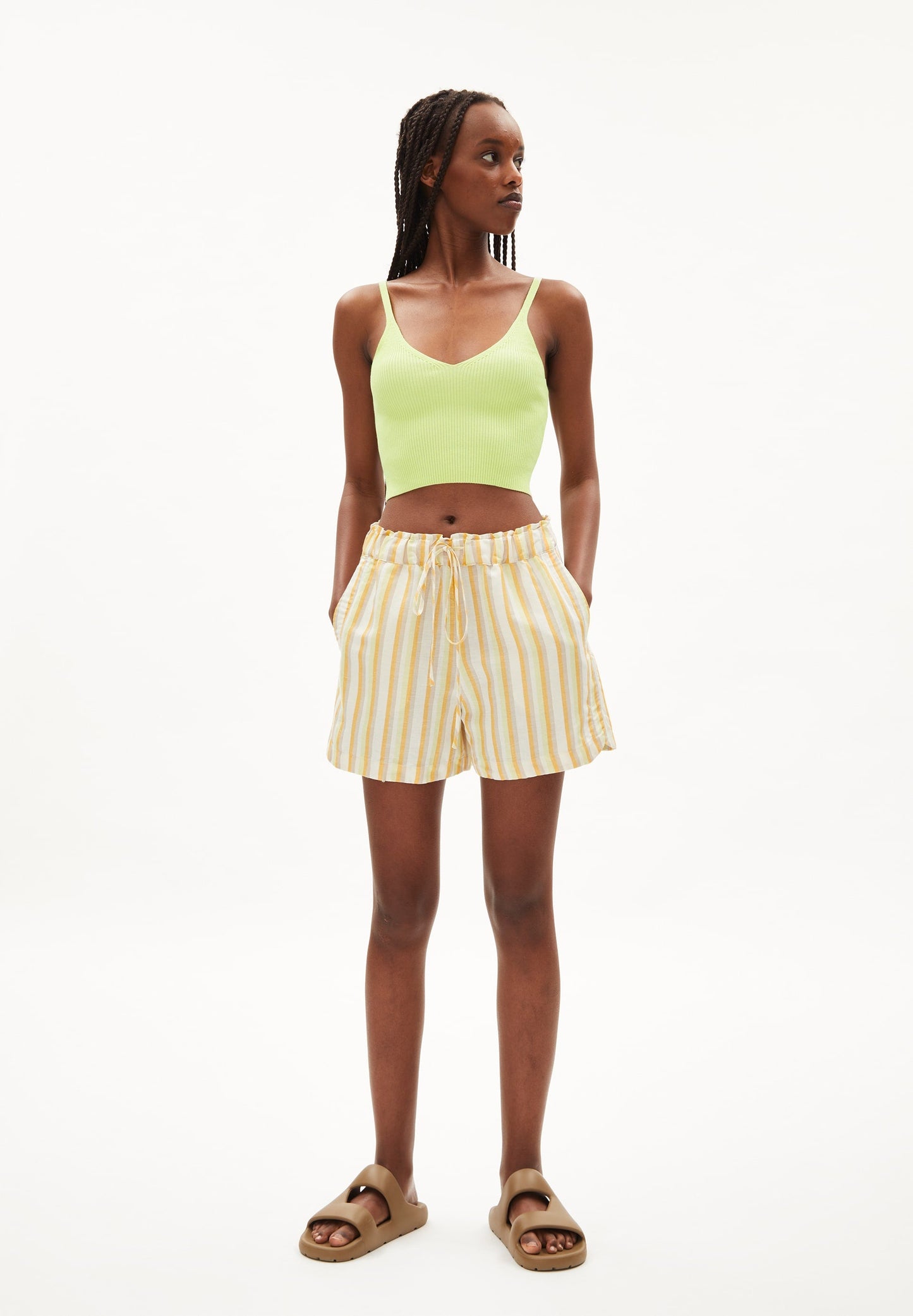 Short rayé en lin et tencel - vaanna striped lino off white-mangorange