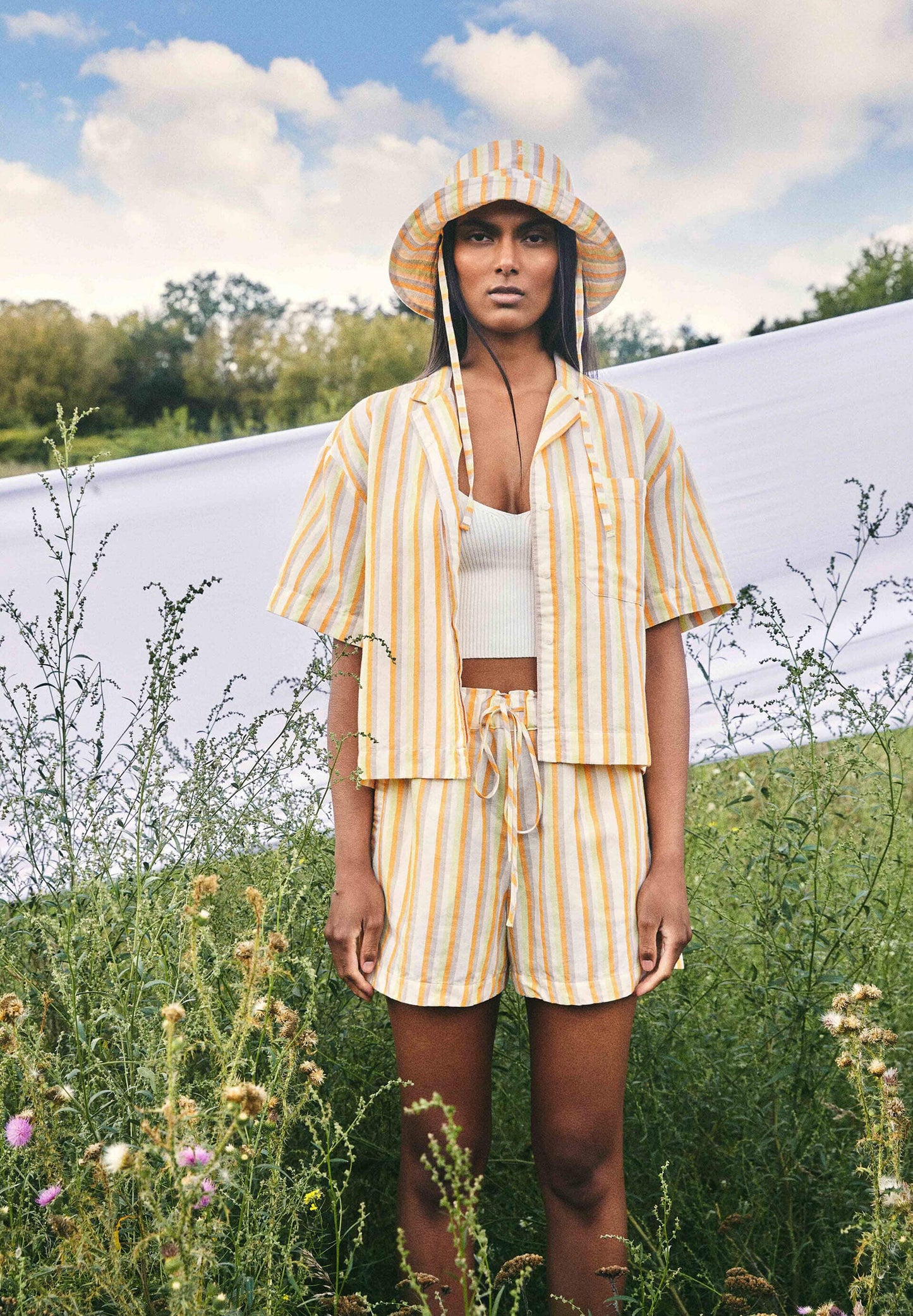 Short rayé en lin et tencel - vaanna striped lino off white-mangorange