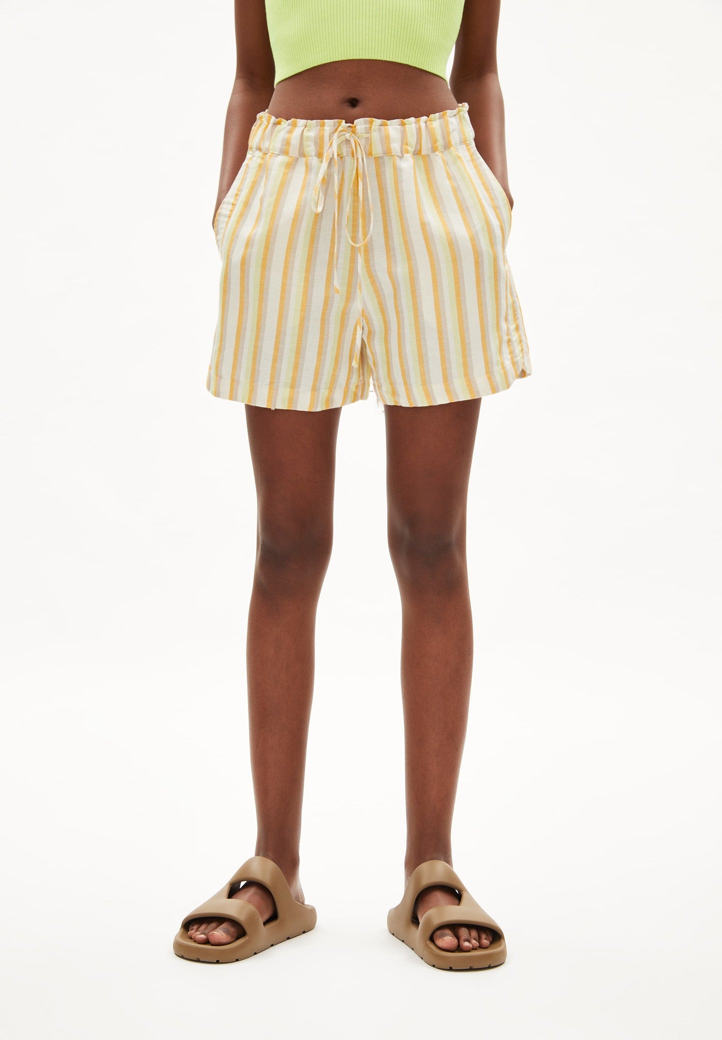 Short rayé en lin et tencel - vaanna striped lino off white-mangorange