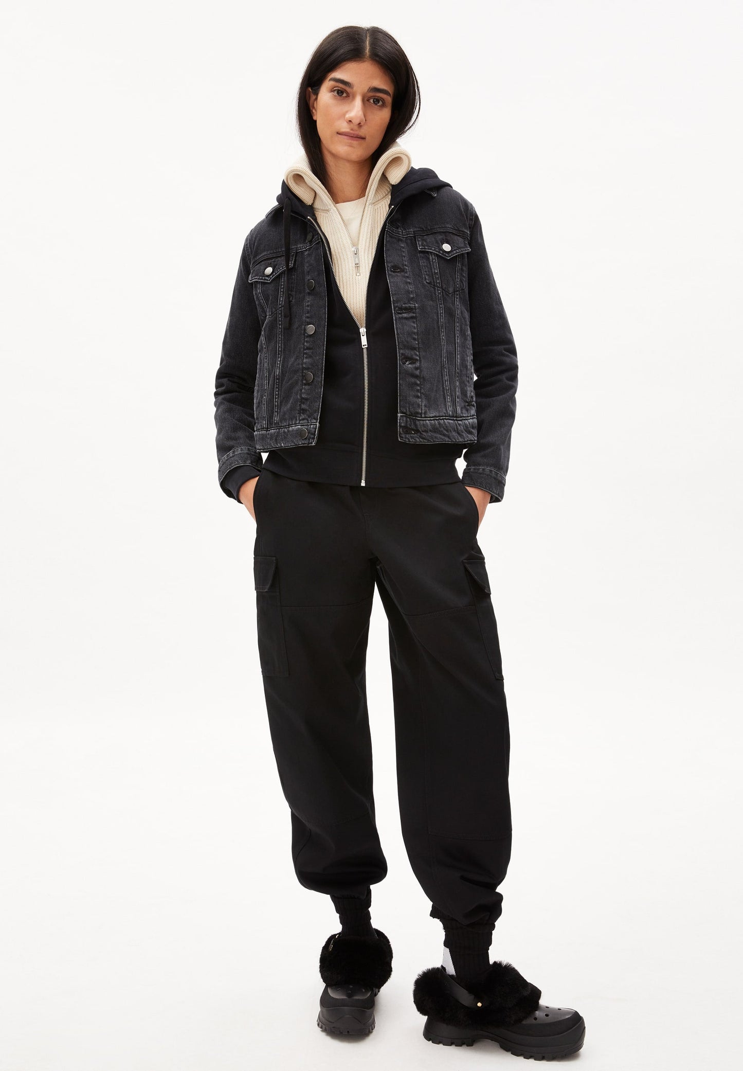 Veste en jean noire en coton bio - velitaa washed down black
