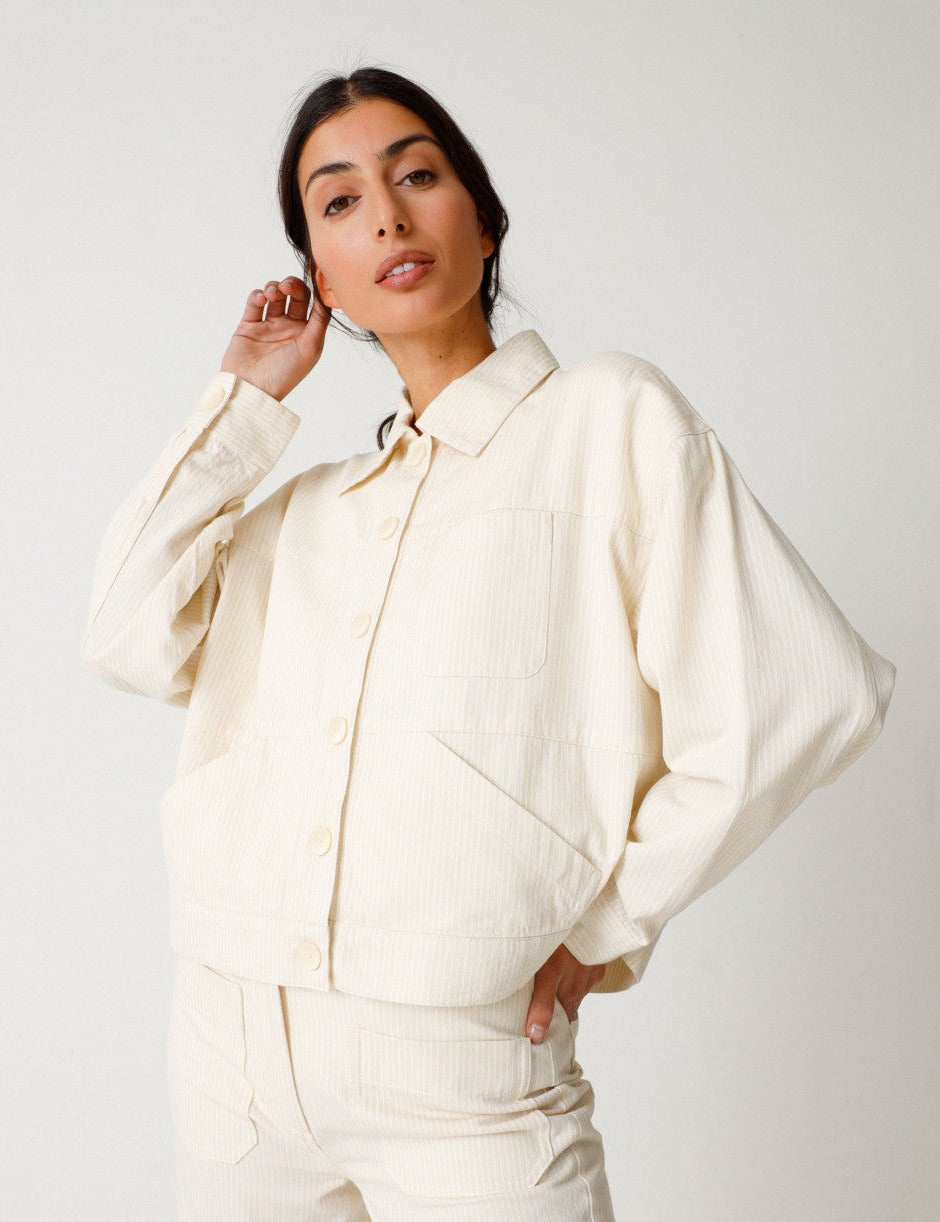 Surchemise en coton bio | Rayé beige et blanc "zohargi lines white"