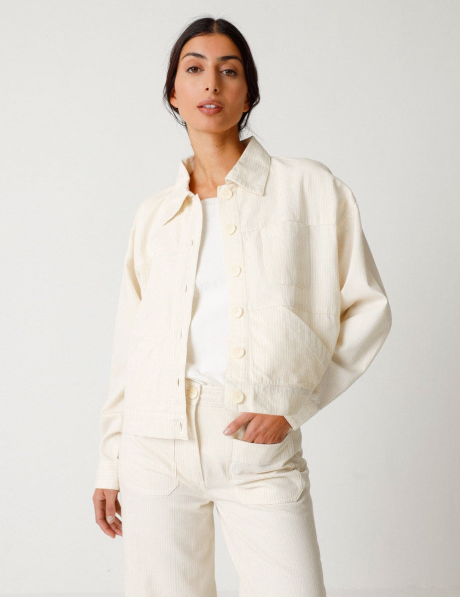 Surchemise en coton bio | Rayé beige et blanc "zohargi lines white"