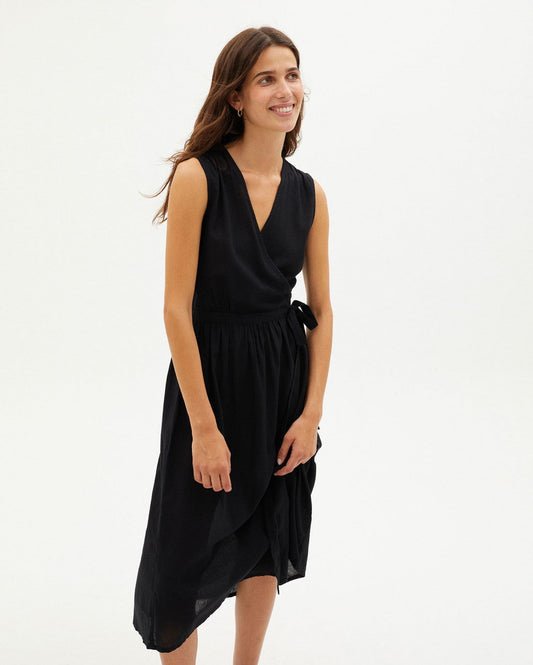 Robe midi portefeuille noir en coton bio - BLACK AMAPOLA DRESS