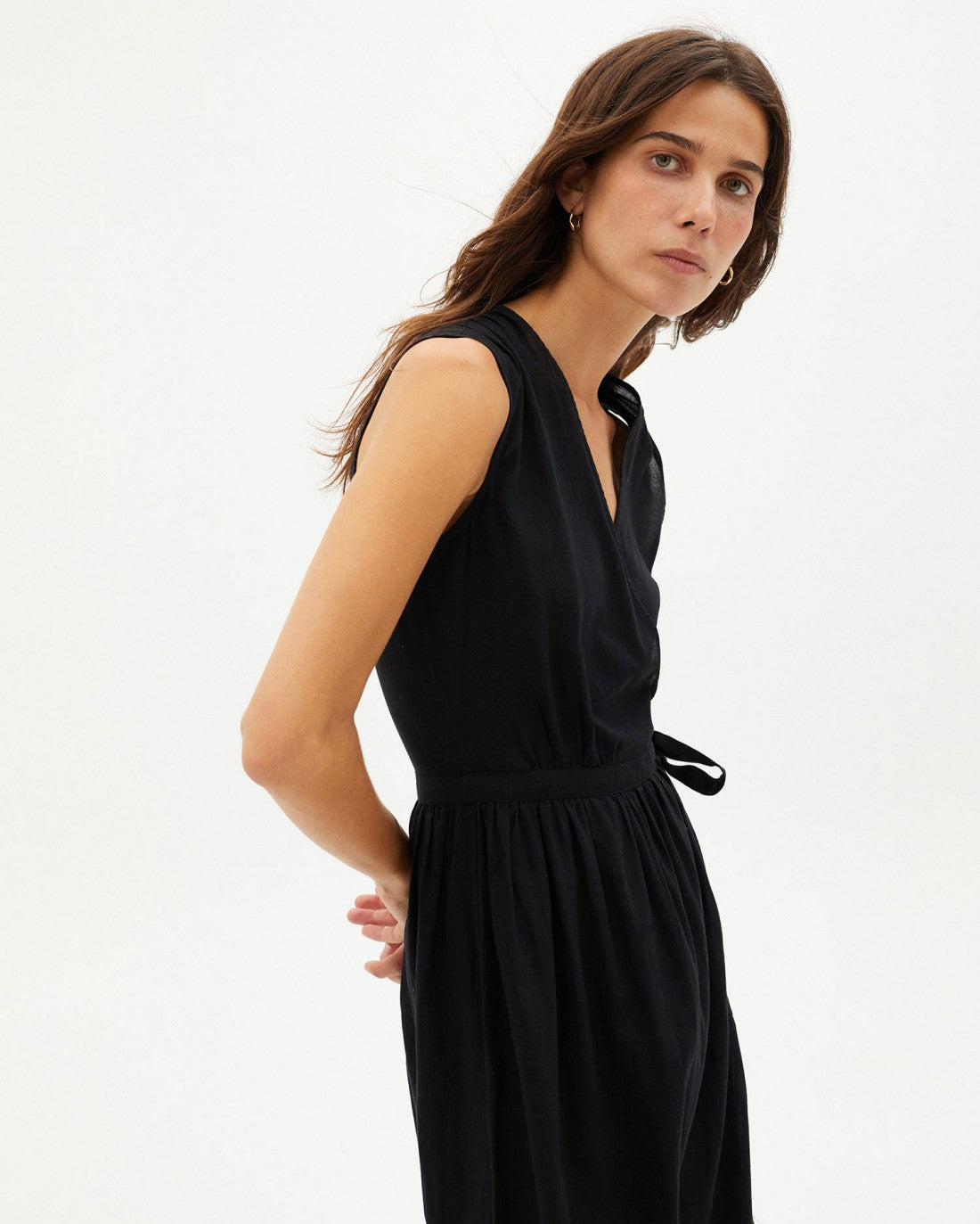 Robe midi portefeuille noir en coton bio - BLACK AMAPOLA DRESS