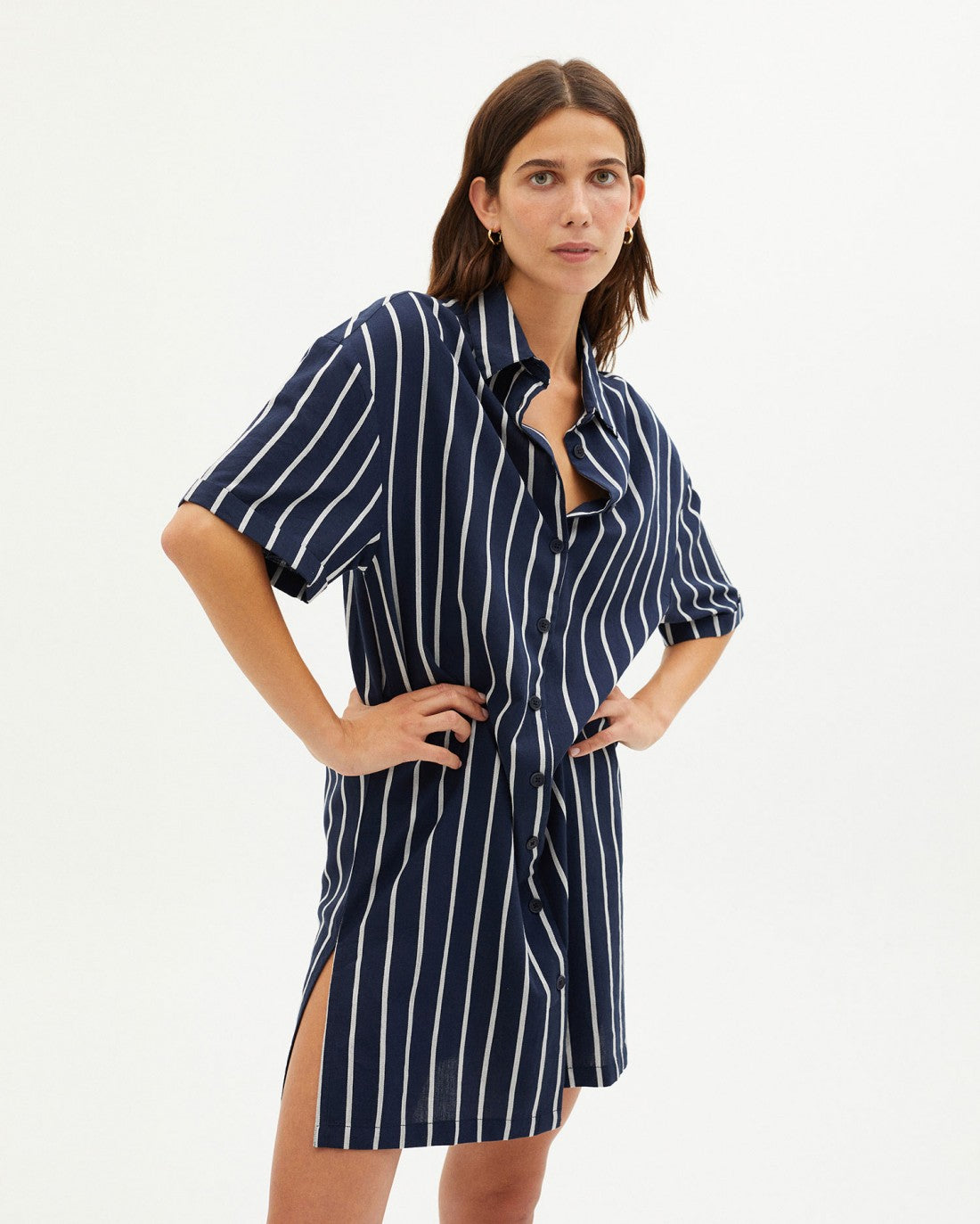 Robe chemise rayée en coton bio - NAVY STRIPPED AMBER DRESS