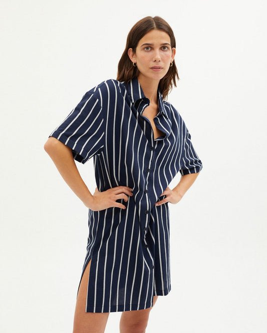 Robe chemise rayée en coton bio - NAVY STRIPPED AMBER DRESS