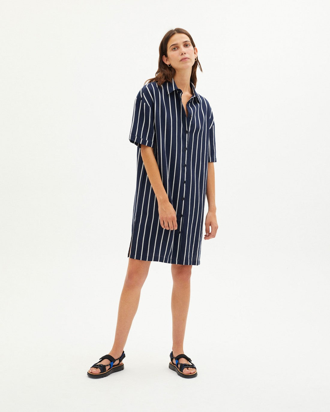 Robe chemise rayée en coton bio - NAVY STRIPPED AMBER DRESS