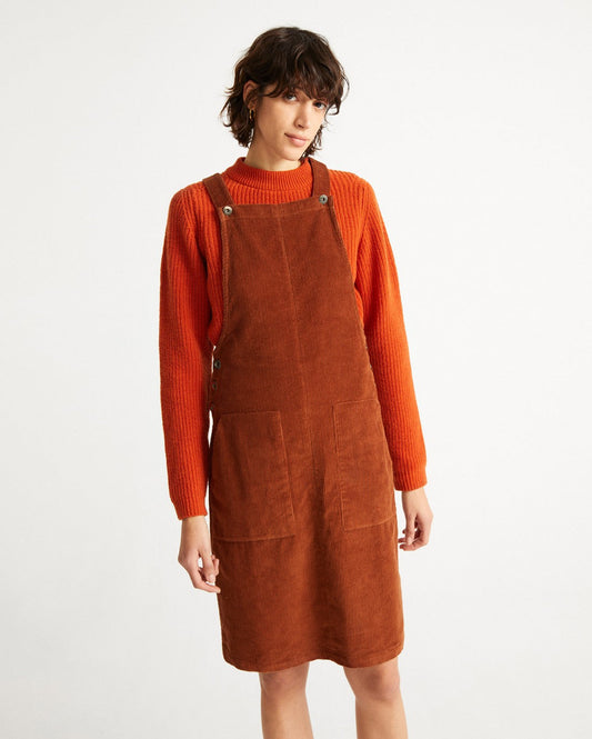 Robe salopette rouge en velours côtelé de coton bio - bell clay red