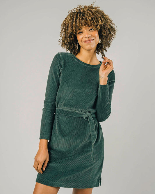 Robe vert forêt velours en coton bio - corduroy belted dress forest green