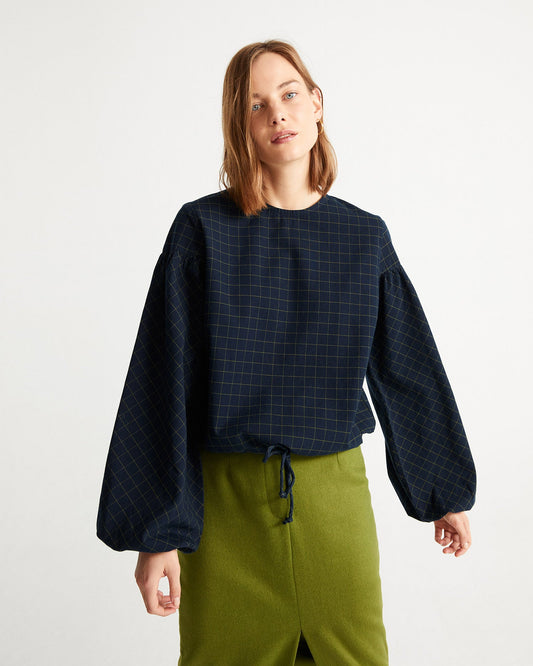 Blouse marine carreaux en coton bio - boann navy
