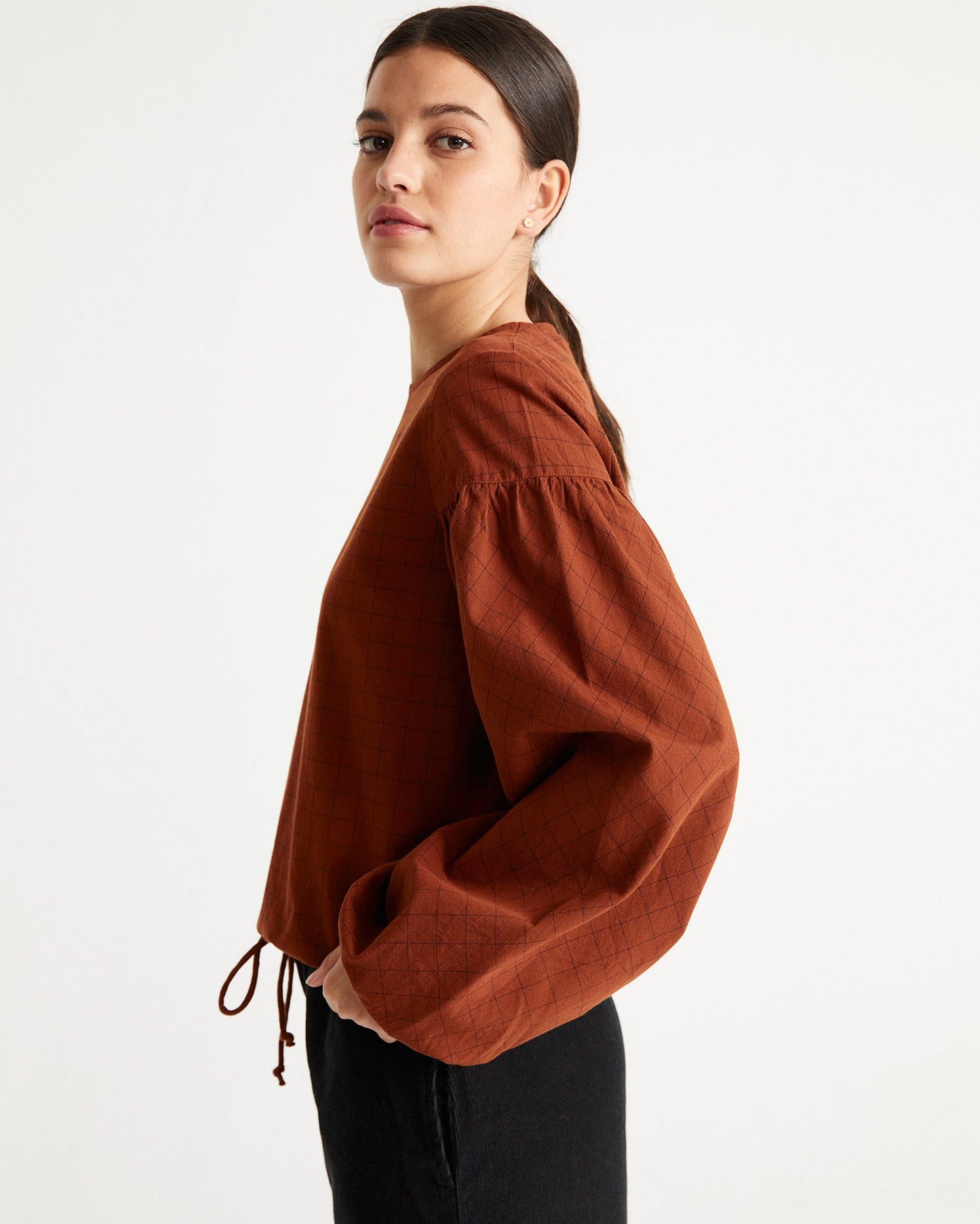Blouse rouille à fins carreaux en coton bio - boann clay red