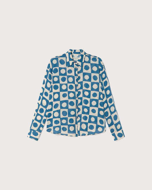 Chemisier à motifs en ecovero | blanc et bleu "blue big spots kati blouse"