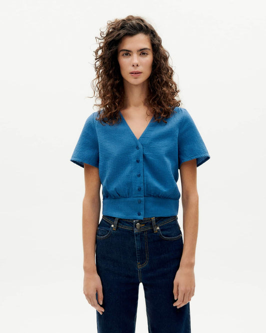 Blouse manches courtes en coton bio | Bleu "dark heritage loop celina blouse"