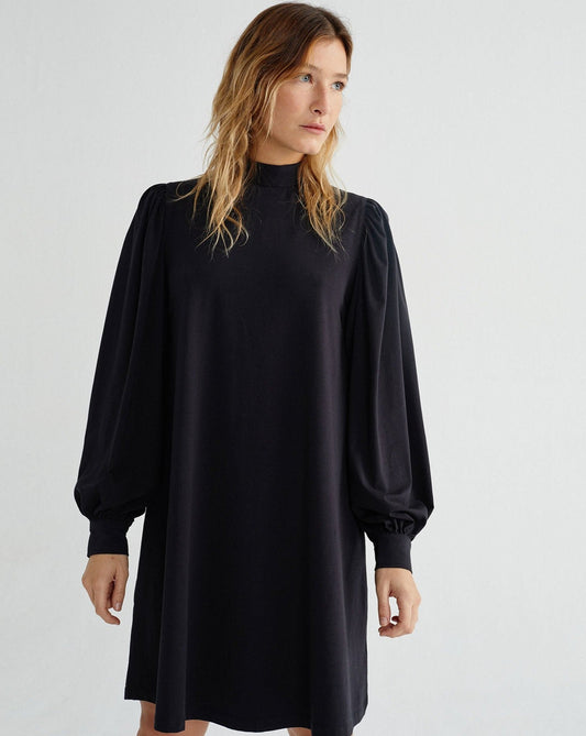 Robe manches bouffantes noire en coton bio - Flora