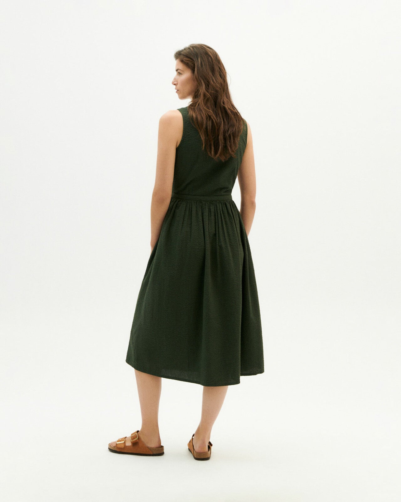 Robe mi-longue verte seersucker en coton bio - green seersucker checks amapola