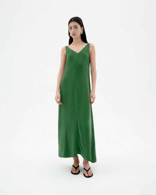 Robe longue en cupro | vert "Dill sade dress - green"