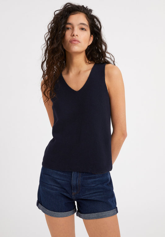 Top maille col V marine en coton bio - WILMAA