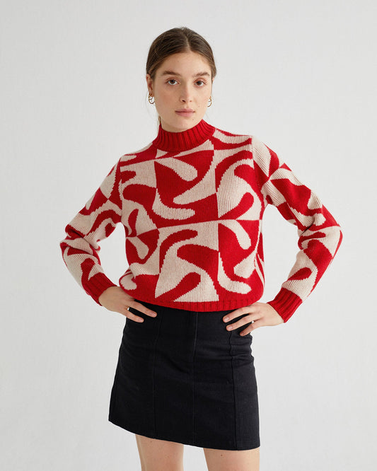 Pull à col cheminée rouge et blanc en laine - Zabawa