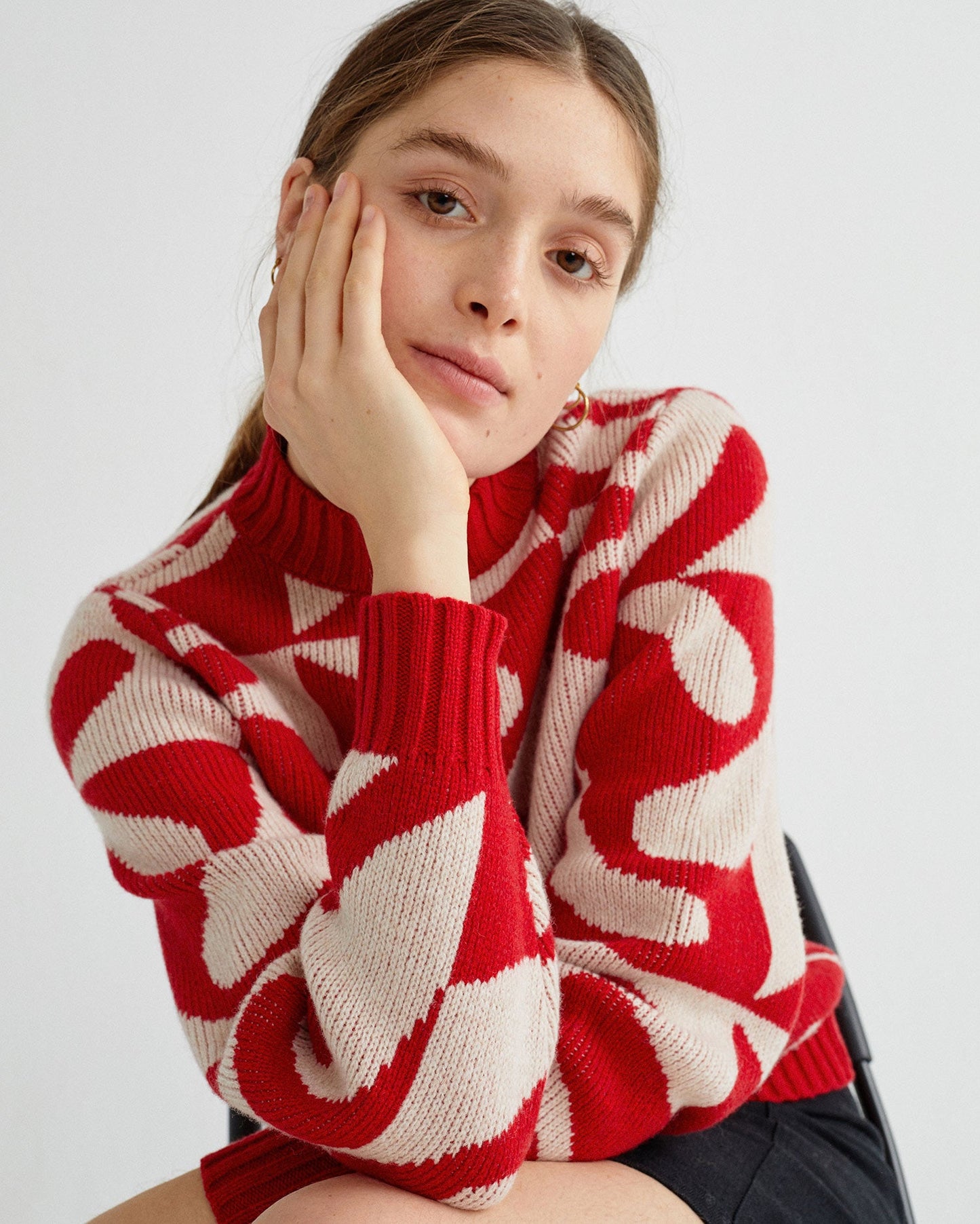 Pull à col cheminée rouge et blanc en laine - Zabawa