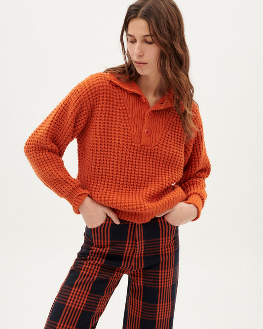 Pull maille orange en coton bio et matière recyclée - trash sole knitted sweater orange