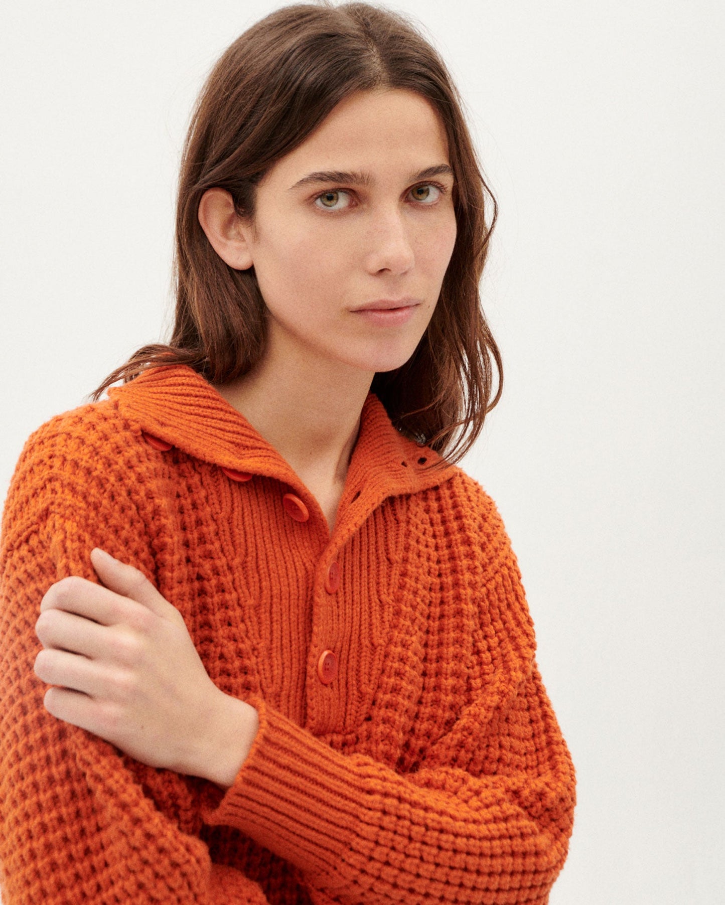 Pull maille orange en coton bio et matière recyclée - trash sole knitted sweater orange