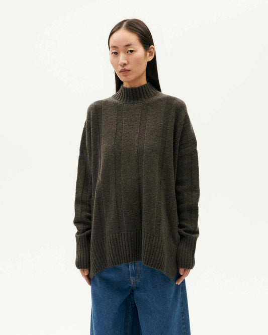 Pull col montant en laine | kaki "olive blue melange carol knitted sweater"