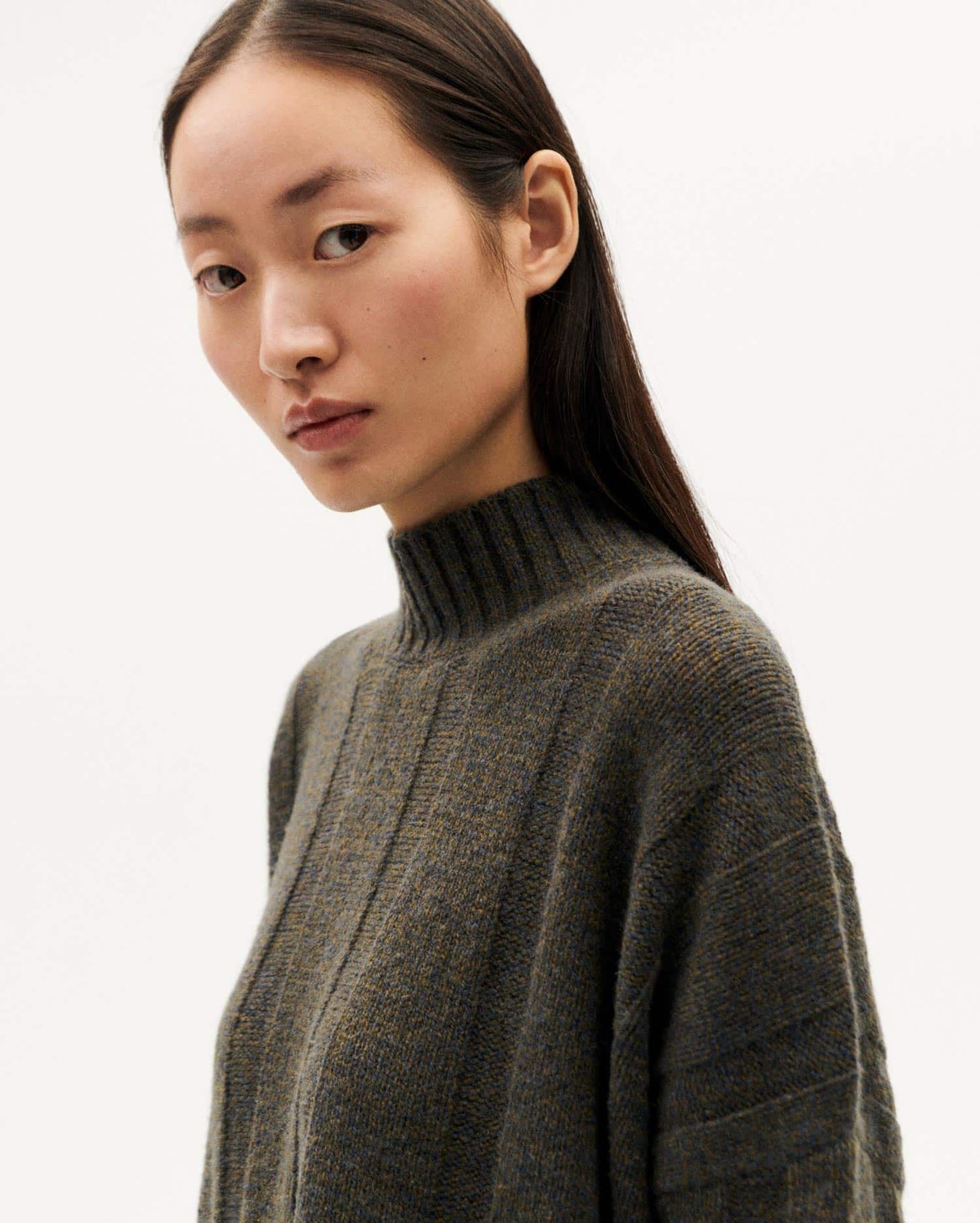 Pull col montant en laine | kaki "olive blue melange carol knitted sweater"