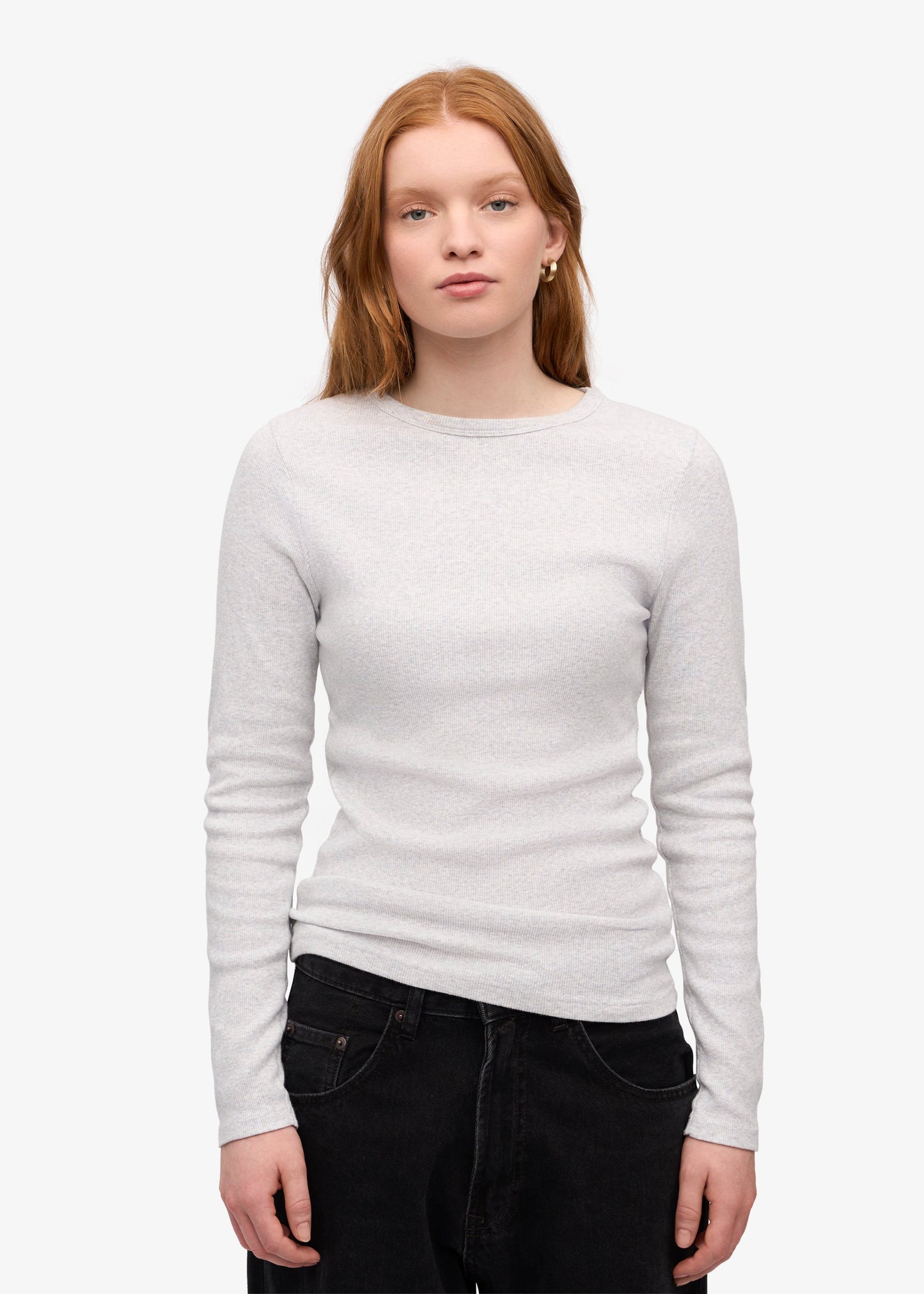 T-shirt manches longues côtelé en coton bio | Gris clair "Snow melange"