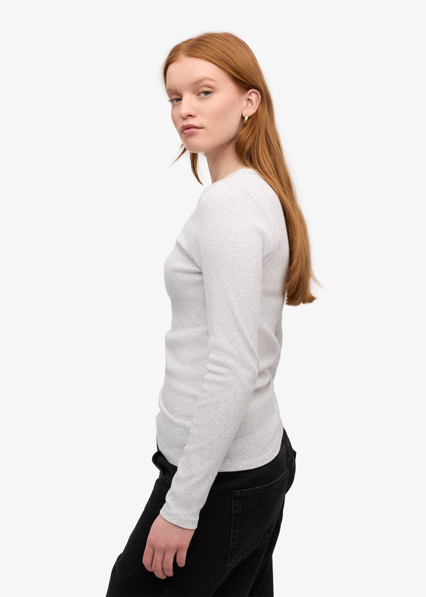 T-shirt manches longues côtelé en coton bio | Gris clair "Snow melange"