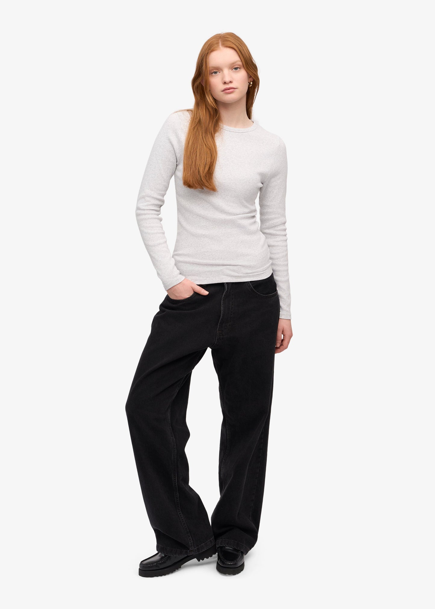T-shirt manches longues côtelé en coton bio | Gris clair "Snow melange"