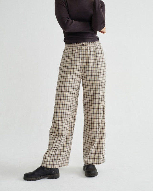 Pantalon large à carreaux beige et marron en coton bio - Maia