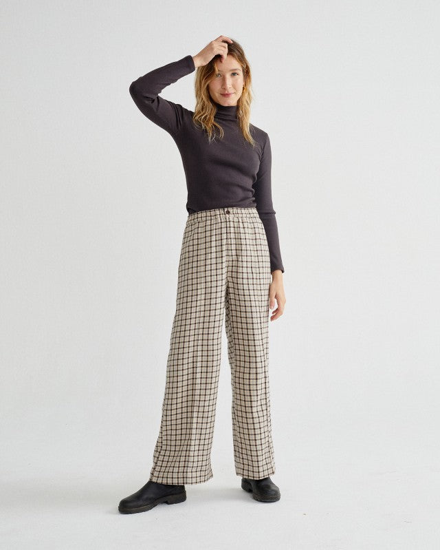 Pantalon large à carreaux beige et marron en coton bio - Maia
