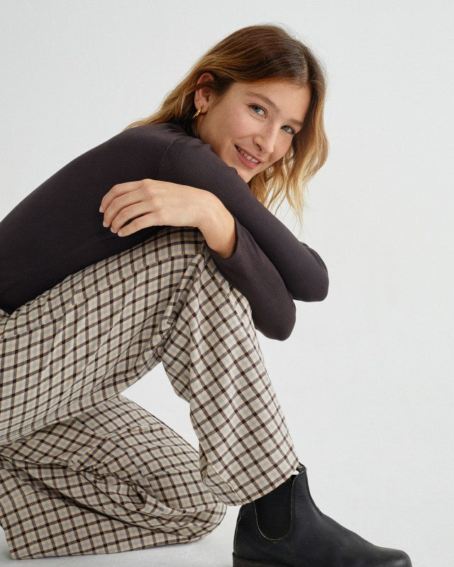 Pantalon large à carreaux beige et marron en coton bio - Maia