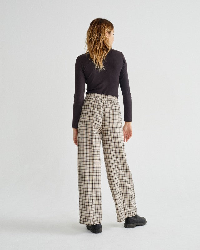Pantalon large à carreaux beige et marron en coton bio - Maia