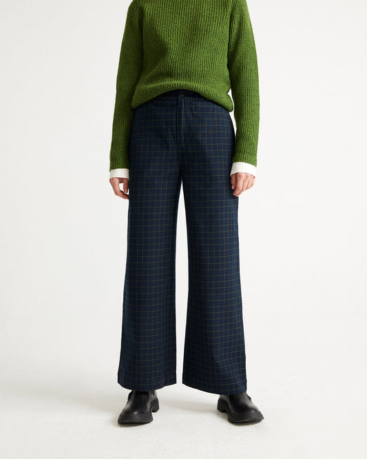 Pantalon large à carreaux marine en coton bio - MAIA NAVY CHECKS